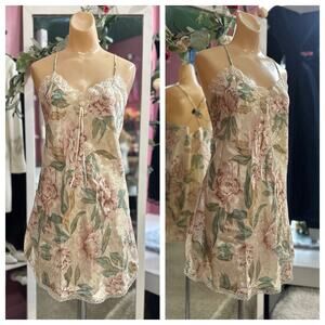 Vintage 90s Floral Print Nightgown Mini Slip Dress Ivory Pink Lace Lingerie S/M
